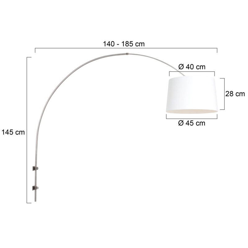 Staalkleurige boog / wandlamp Sparkled Light 8197ST met wit linnen taps toelopende kap - Afbeelding 6