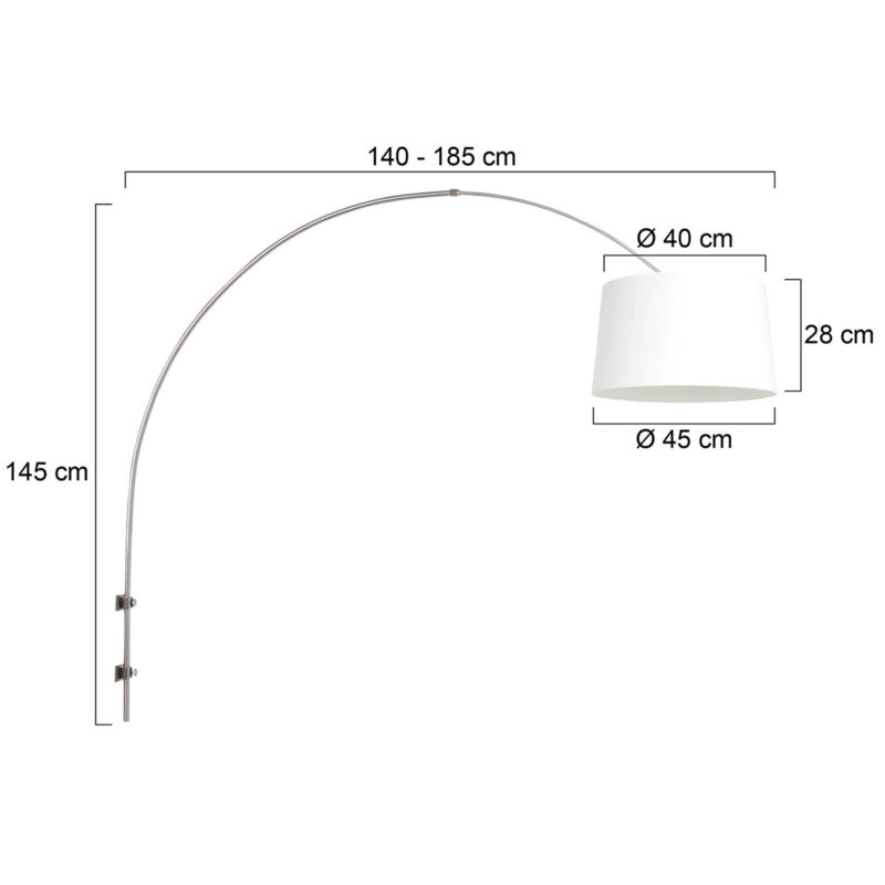 Staalkleurige boog / wandlamp Sparkled Light 8198ST met wit grof linnen taps toelopende kap - Afbeelding 6