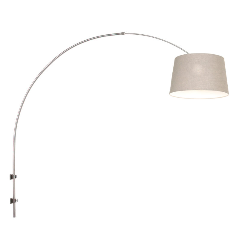 Staalkleurige boog / wandlamp Sparkled Light 8199ST met grijs linnen taps toelopende kap - Afbeelding 2