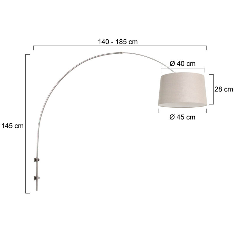 Staalkleurige boog / wandlamp Sparkled Light 8199ST met grijs linnen taps toelopende kap - Afbeelding 6