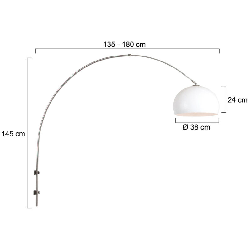 Staalkleurige boog / wandlamp Sparkled Light 8200ST met wit kunststof bol kap - Afbeelding 6