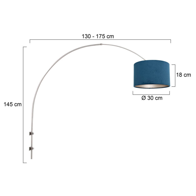 Staalkleurige boog / wandlamp Sparkled Light 8246ST met blauw velours ton kap - Afbeelding 6
