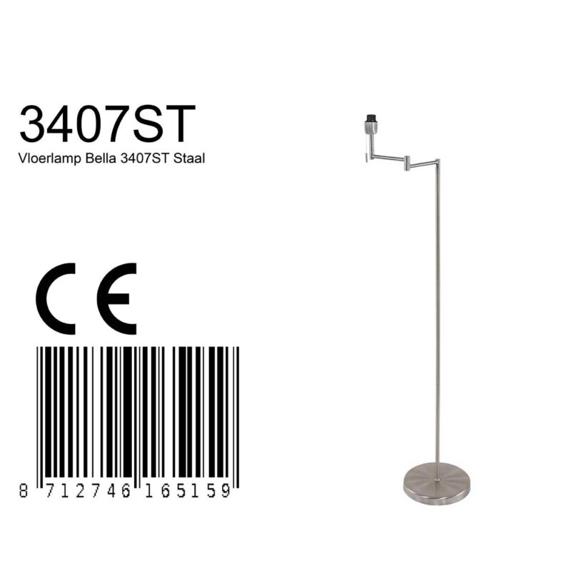 Staalkleurige vloerlamp Bella 3407ST zonder kap, met trekschakelaar - Afbeelding 7