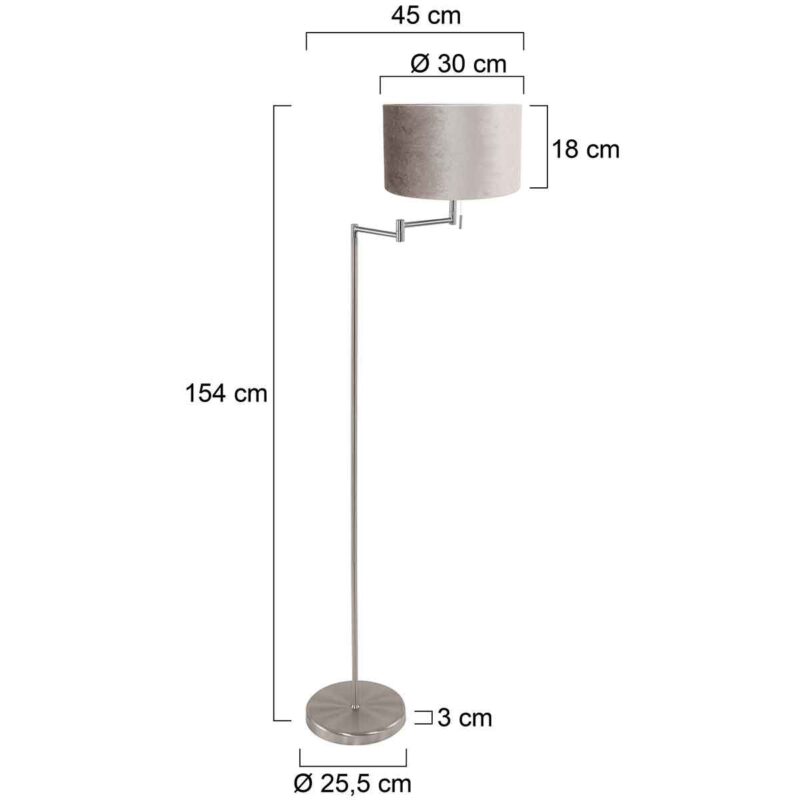 Staalkleurige vloerlamp Bella 3876ST met grijs velours kap - Afbeelding 6