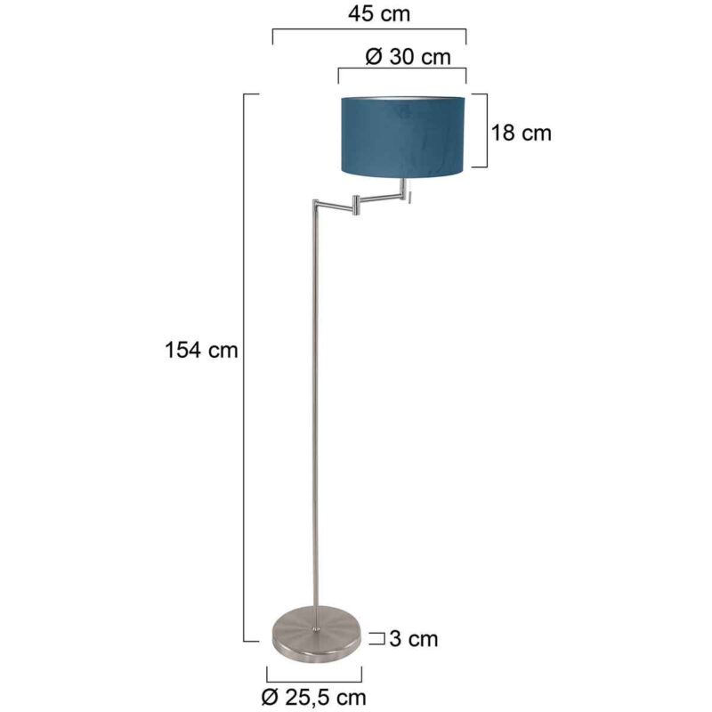 Staalkleurige vloerlamp Bella 3881ST met blauwe velours kap - Afbeelding 6