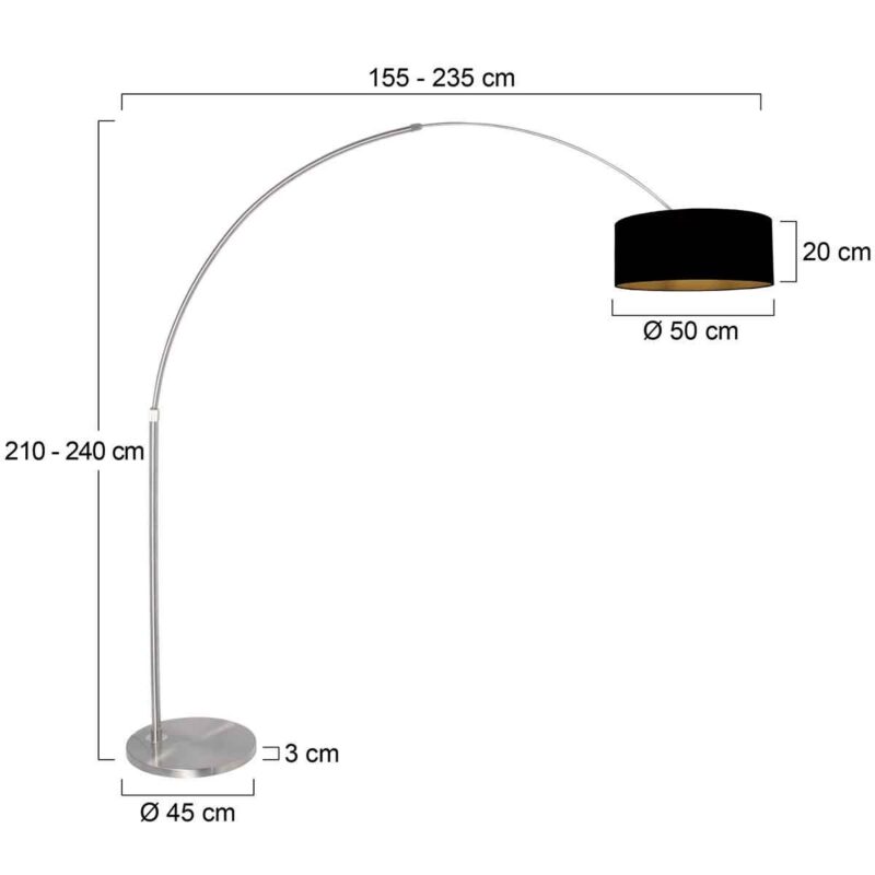 Staalkleurige vloerlamp / booglamp Sparkled Light 3963ST inclusief zwarte kap met goudkleurige binnenkant. - Afbeelding 6