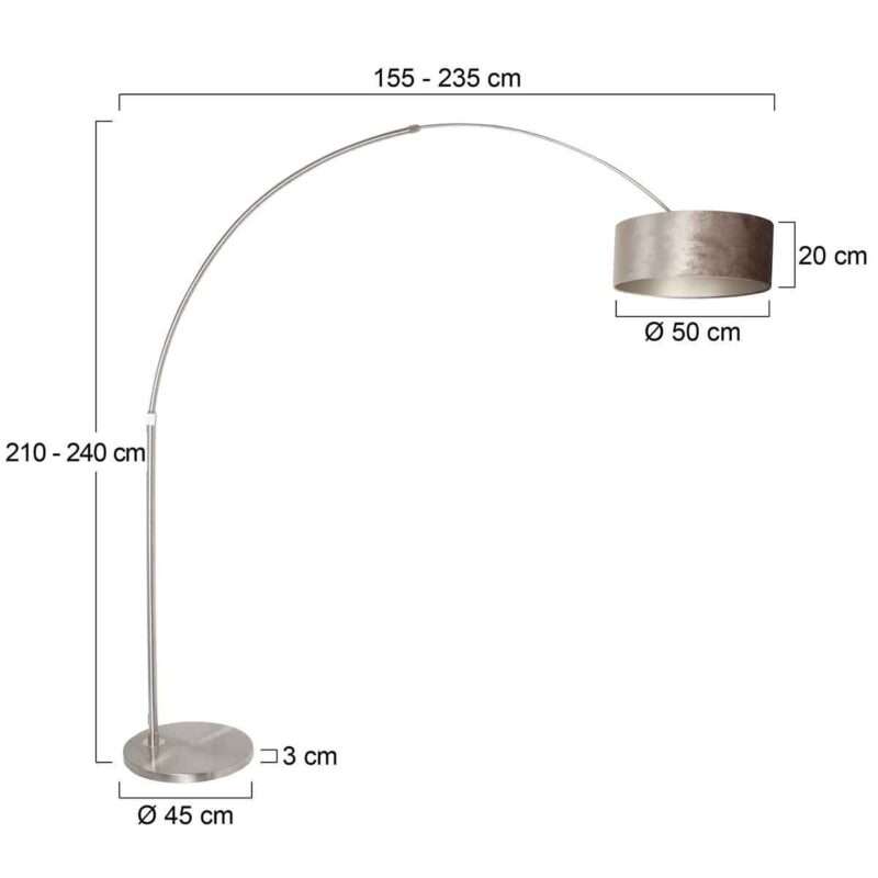 Staalkleurige vloerlamp / booglamp Sparkled Light 8125ST inclusief grijs / zilver velours kap - Afbeelding 6