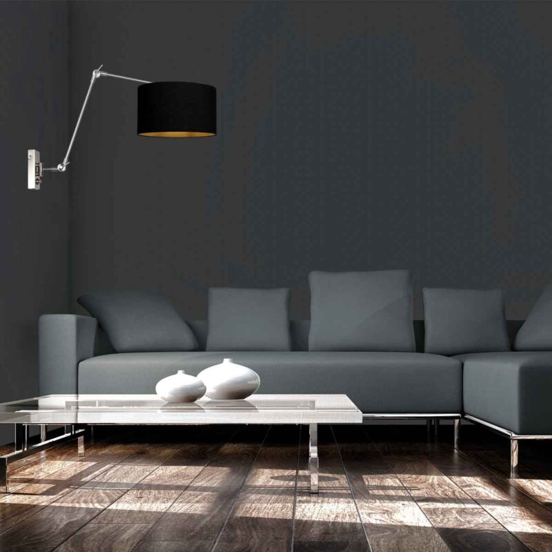 Staalkleurige wandlamp Prestige Chic 3985ST met zwart linnen kap - Afbeelding 3