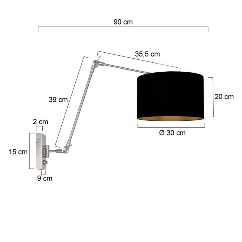 Staalkleurige wandlamp Prestige Chic 3985ST met zwart linnen kap - Afbeelding 7