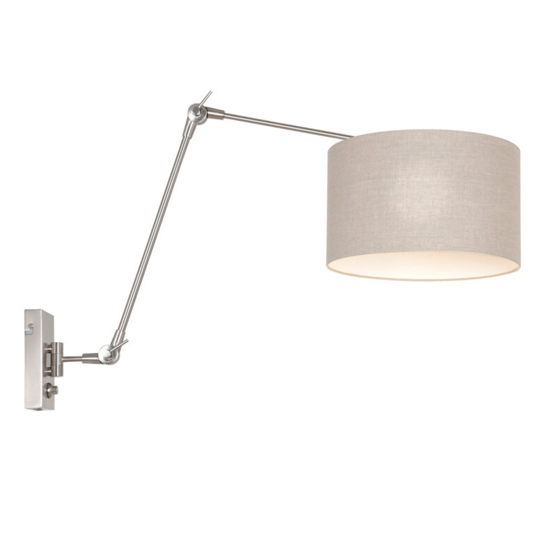 Staalkleurige wandlamp Prestige Chic 8107ST met grijs grof linnen kap - Afbeelding 2