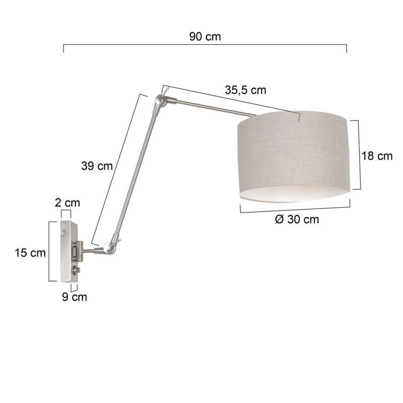 Staalkleurige wandlamp Prestige Chic 8107ST met grijs grof linnen kap - Afbeelding 6