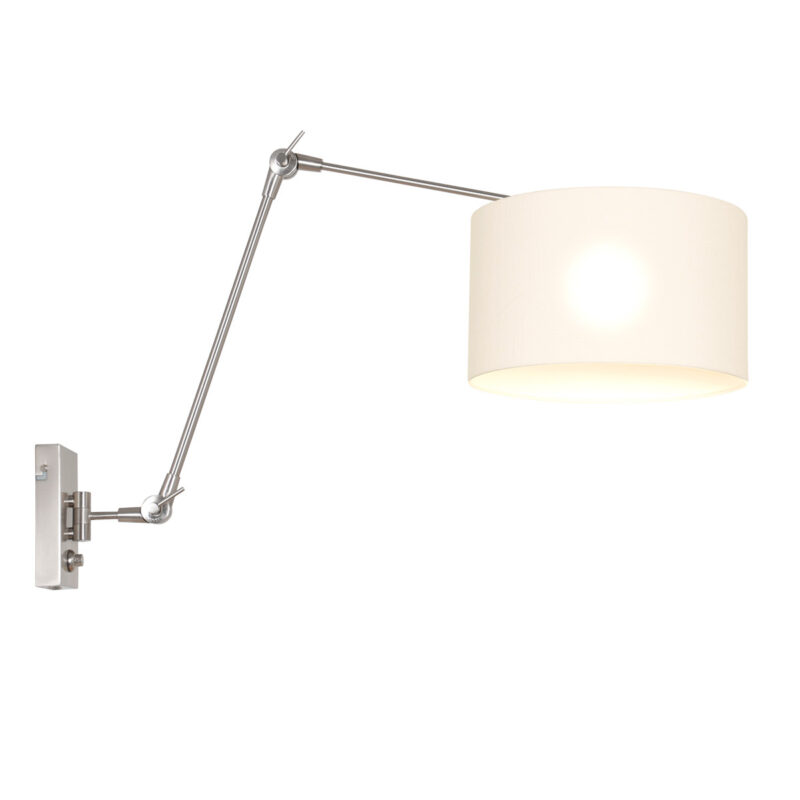 Staalkleurige wandlamp Prestige Chic 8108ST met wit grof linnen kap - Afbeelding 2