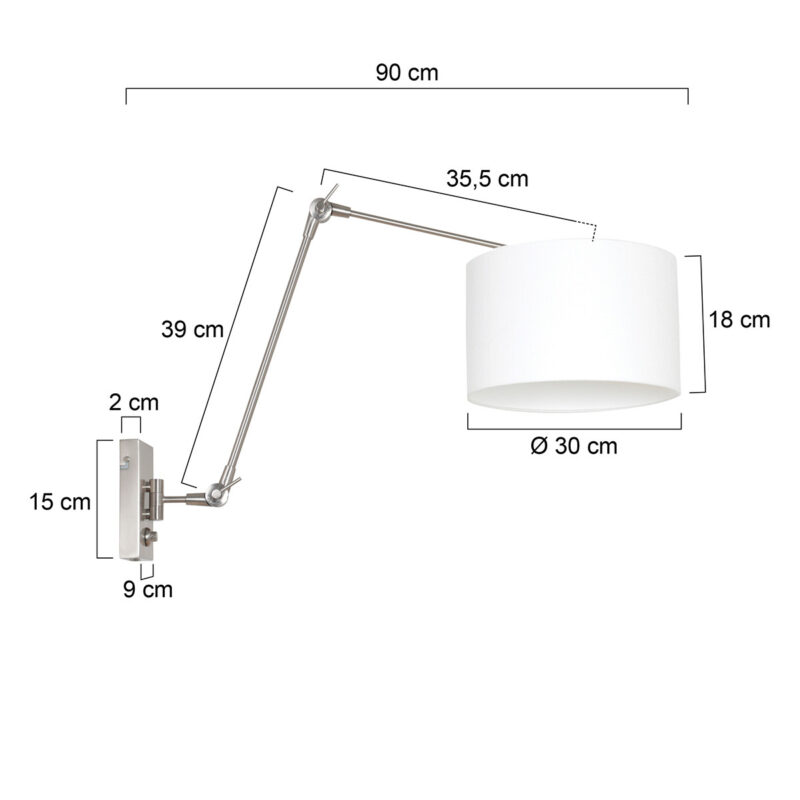 Staalkleurige wandlamp Prestige Chic 8108ST met wit grof linnen kap - Afbeelding 6