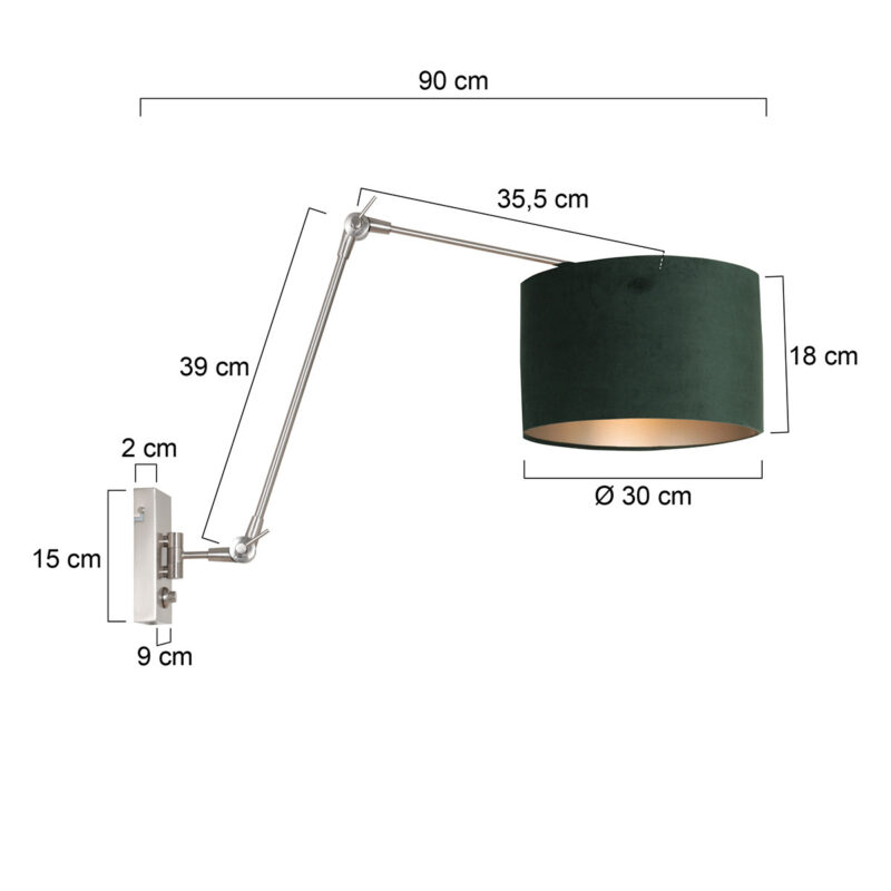 Staalkleurige wandlamp Prestige Chic 8109ST met groen velours kap - Afbeelding 6