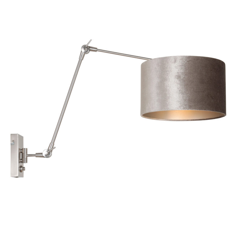Staalkleurige wandlamp Prestige Chic 8110ST met grijs velours kap - Afbeelding 2
