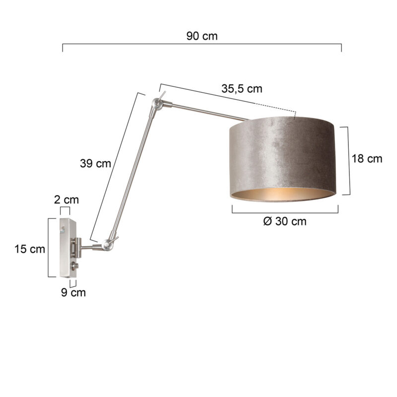 Staalkleurige wandlamp Prestige Chic 8110ST met grijs velours kap - Afbeelding 6
