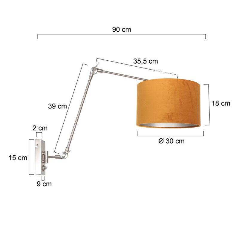 Staalkleurige wandlamp Prestige Chic 8111ST met goud velours kap - Afbeelding 7