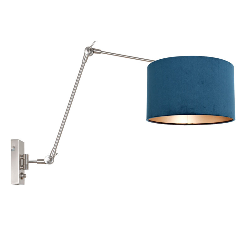 Staalkleurige wandlamp Prestige Chic 8238ST met blauw velours kap - Afbeelding 2