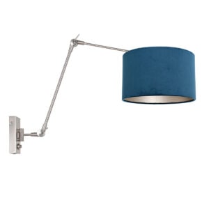 Staalkleurige wandlamp Prestige Chic 8238ST met blauw velours kap