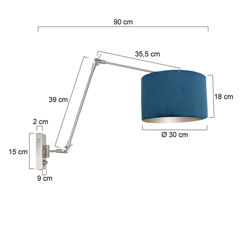 Staalkleurige wandlamp Prestige Chic 8238ST met blauw velours kap - Afbeelding 7