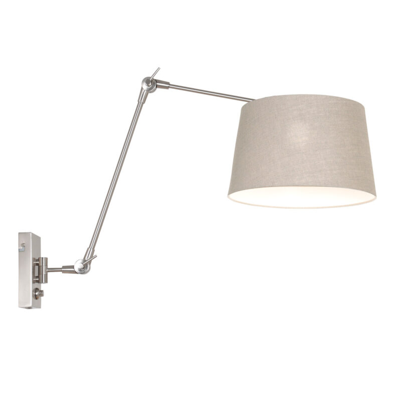 Staalkleurige wandlamp Prestige Chic 9724ST met grijs grof linnen kap - Afbeelding 2