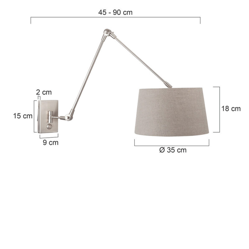 Staalkleurige wandlamp Prestige Chic 9724ST met grijs grof linnen kap - Afbeelding 6