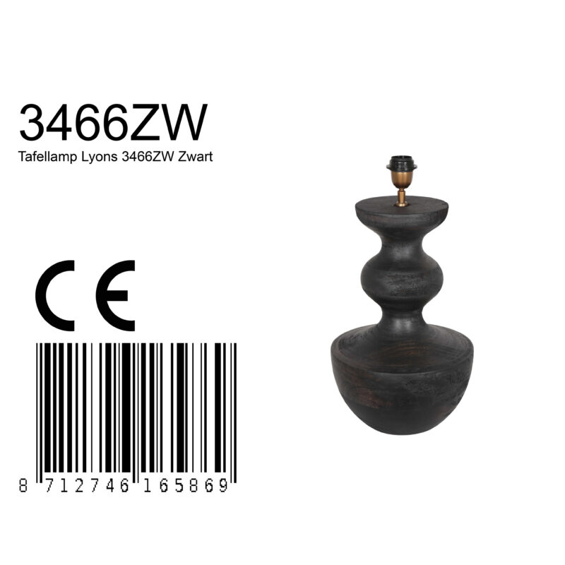 Tafellamp Lyons 3466ZW Zwart met snoer schakelaar en E27 fitting zonder kap - Afbeelding 7