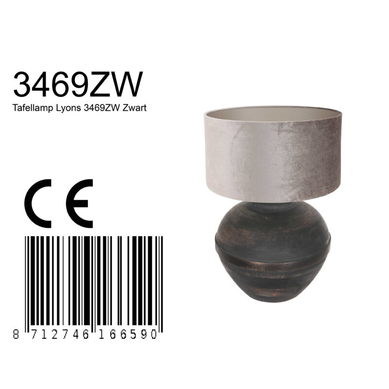 Tafellamp Lyons 3469ZW Zwart met grijs velours kap - Afbeelding 8