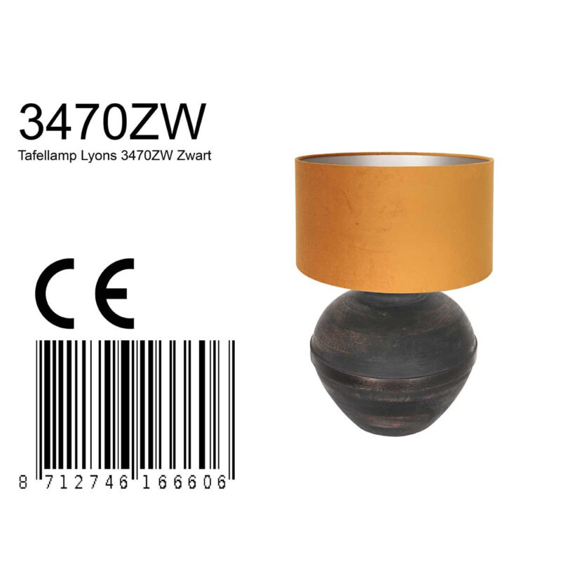 Tafellamp Lyons 3470ZW Zwart met goud velours kap - Afbeelding 8
