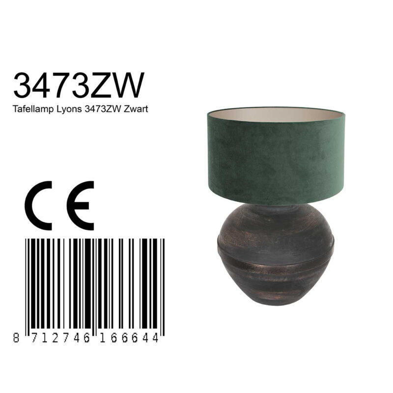 Tafellamp Lyons 3473ZW Zwart met groen velours kap - Afbeelding 8