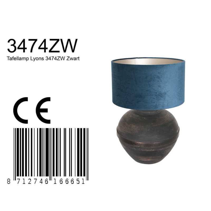 Tafellamp Lyons 3474ZW Zwart met blauw velours kap - Afbeelding 9