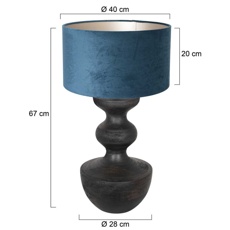 Tafellamp Lyons 3481ZW Zwart met blauw velours kap en snoerschakelaar - Afbeelding 6