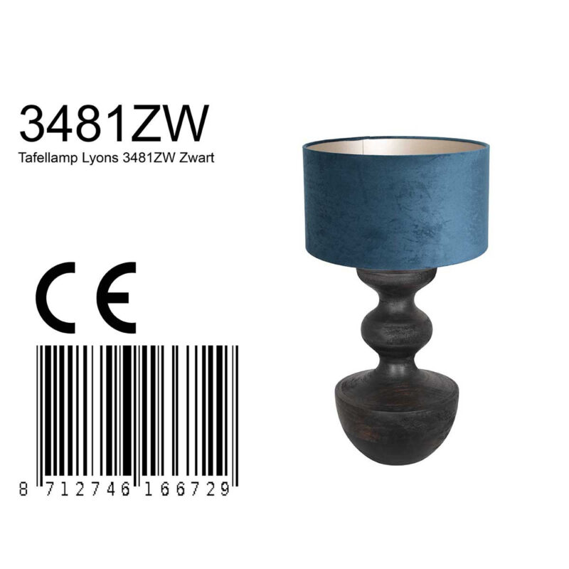 Tafellamp Lyons 3481ZW Zwart met blauw velours kap en snoerschakelaar - Afbeelding 7