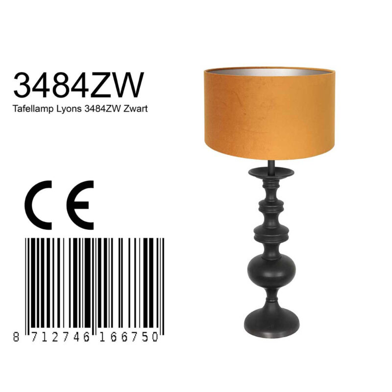 Tafellamp Lyons 3484ZW Zwart met goud velours kap en snoer schakelaar - Afbeelding 7