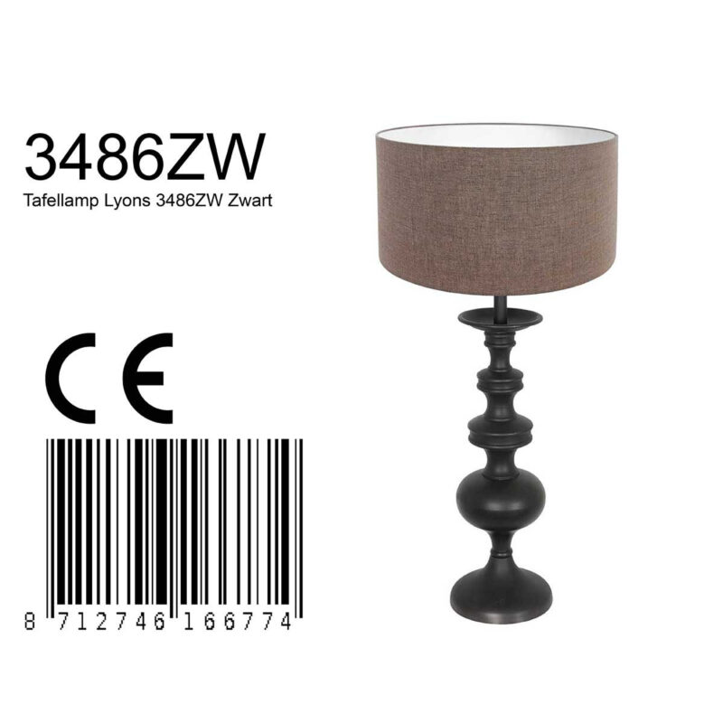 Lampe de table Lyons 3486ZW noire avec abat-jour en lin gris et interrupteur à cordon - Image 7