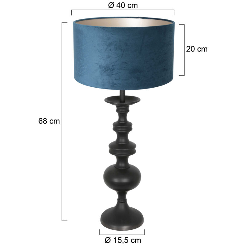 Tafellamp Lyons 3488ZW Zwart met blauw velours kap en snoer schakelaar - Afbeelding 7