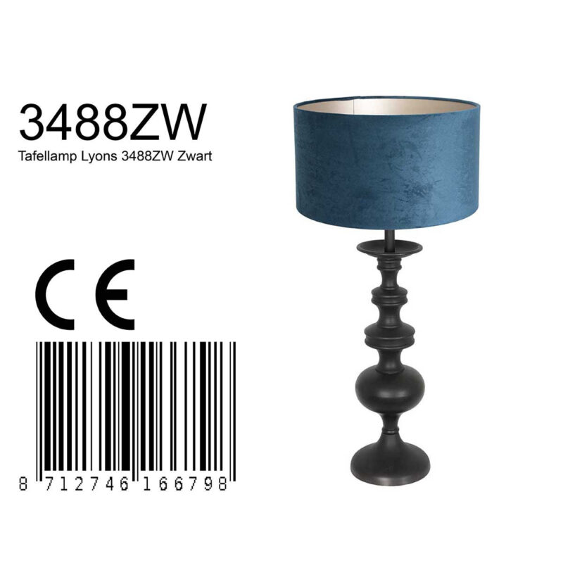 Tafellamp Lyons 3488ZW Zwart met blauw velours kap en snoer schakelaar - Afbeelding 8