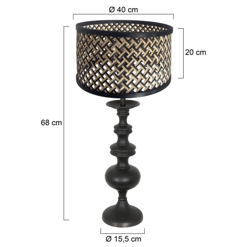 Tafellamp Lyons 3749ZW Zwart met naturel/zwarte bamboe kap en snoer schakelaar - Afbeelding 6