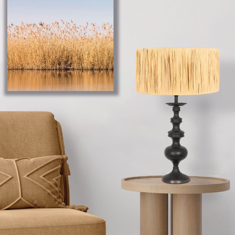 Tafellamp Lyons 3750ZW Zwart met naturelkleurige gras kap en snoer schakelaar - Afbeelding 3