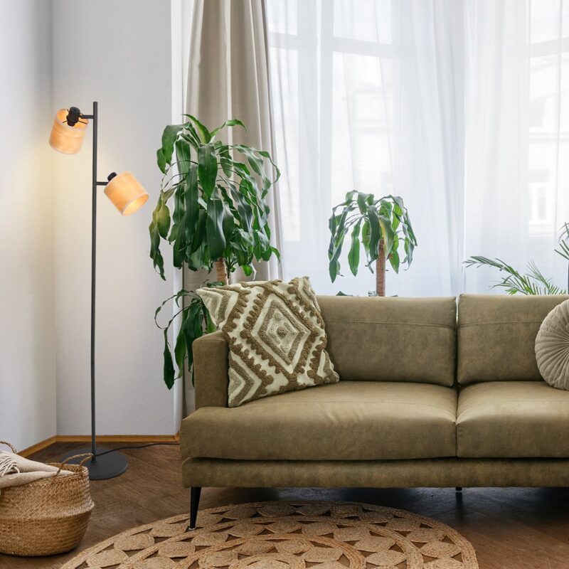 Vloerlamp Bambus 3670ZW Zwart 2 lichts met houten kapjes - Afbeelding 3