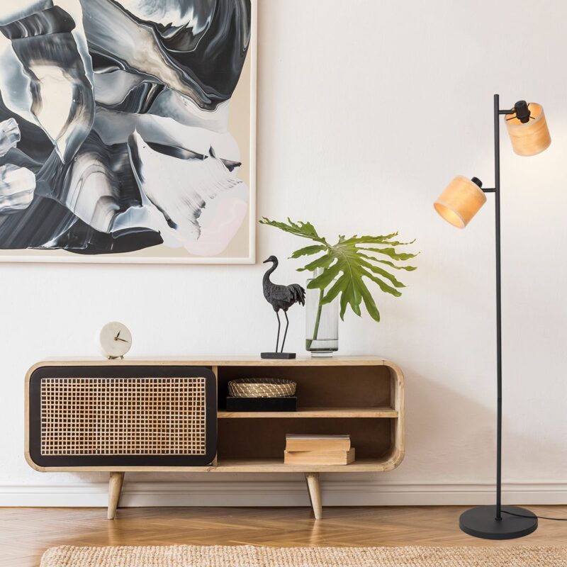 Vloerlamp Bambus 3670ZW Zwart 2 lichts met houten kapjes - Afbeelding 4