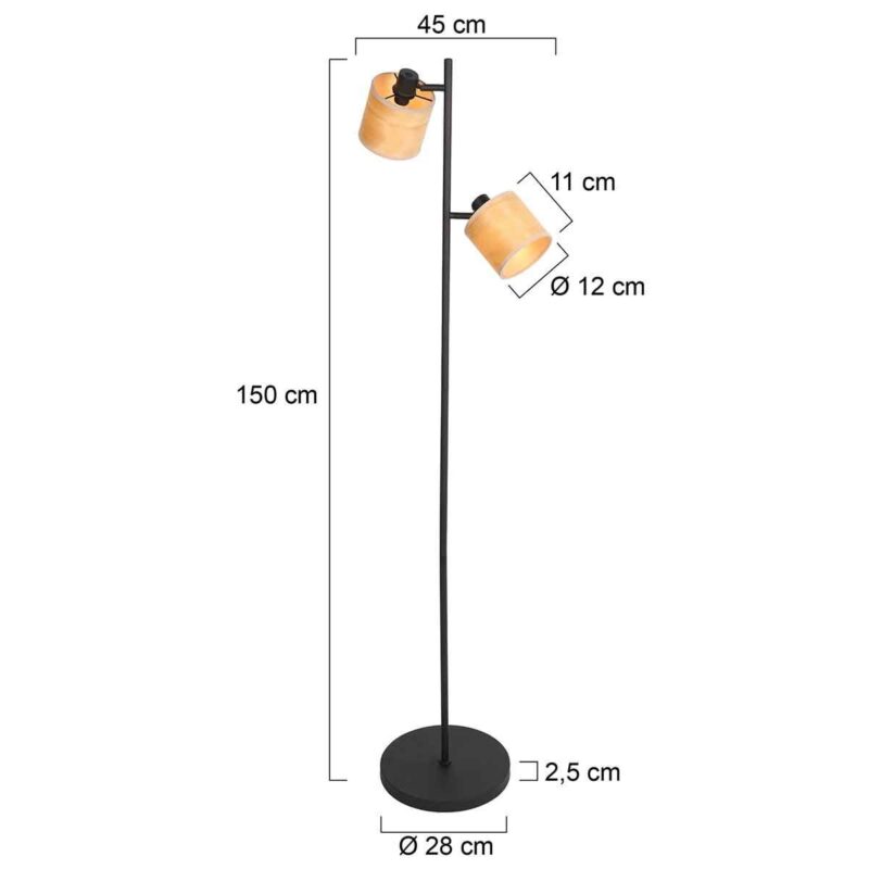 Vloerlamp Bambus 3670ZW Zwart 2 lichts met houten kapjes - Afbeelding 8