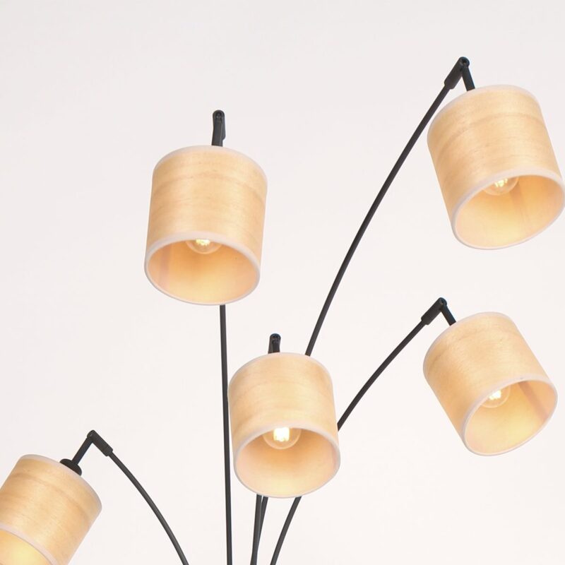 Vloerlamp Bambus 3671ZW Zwart 5 lichts met houten kapjes - Afbeelding 4