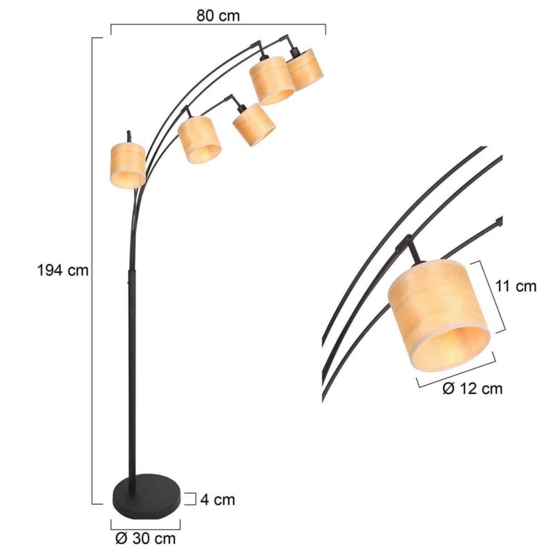 Vloerlamp Bambus 3671ZW Zwart 5 lichts met houten kapjes - Afbeelding 7