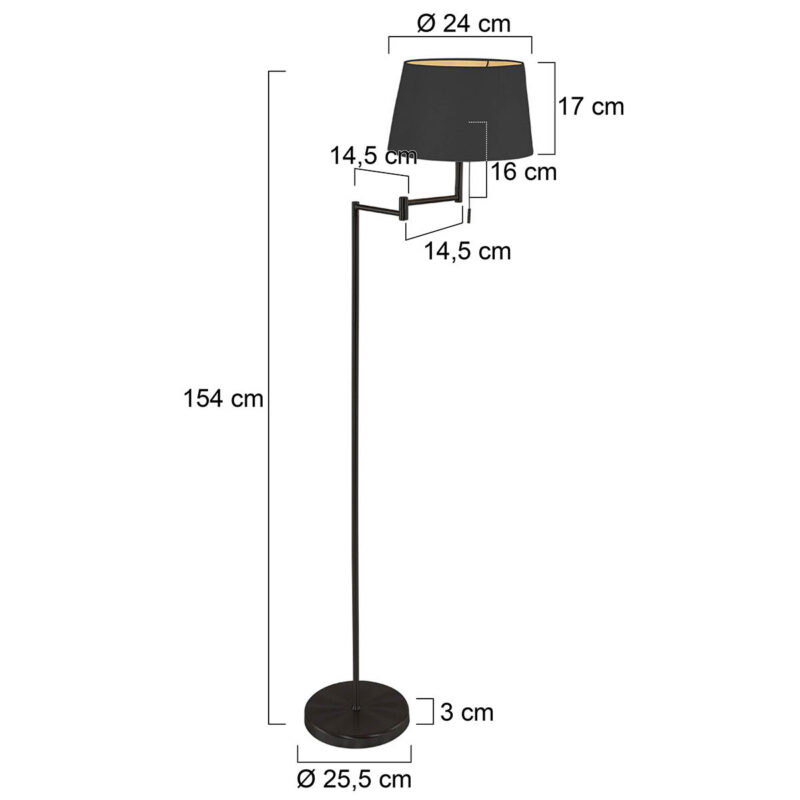 Vloerlamp Bella 5894ZW inclusief zwart linnen kap met gouden binnenkant - Afbeelding 7