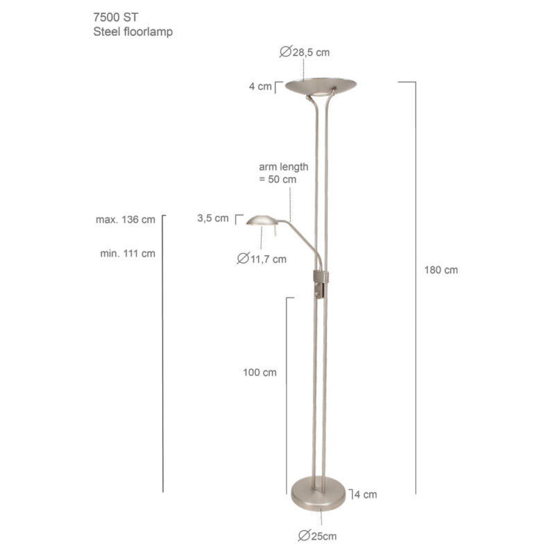 Vloerlamp Biron 7500ST Staal met twee dimmers 2700 Kelvin - Afbeelding 7