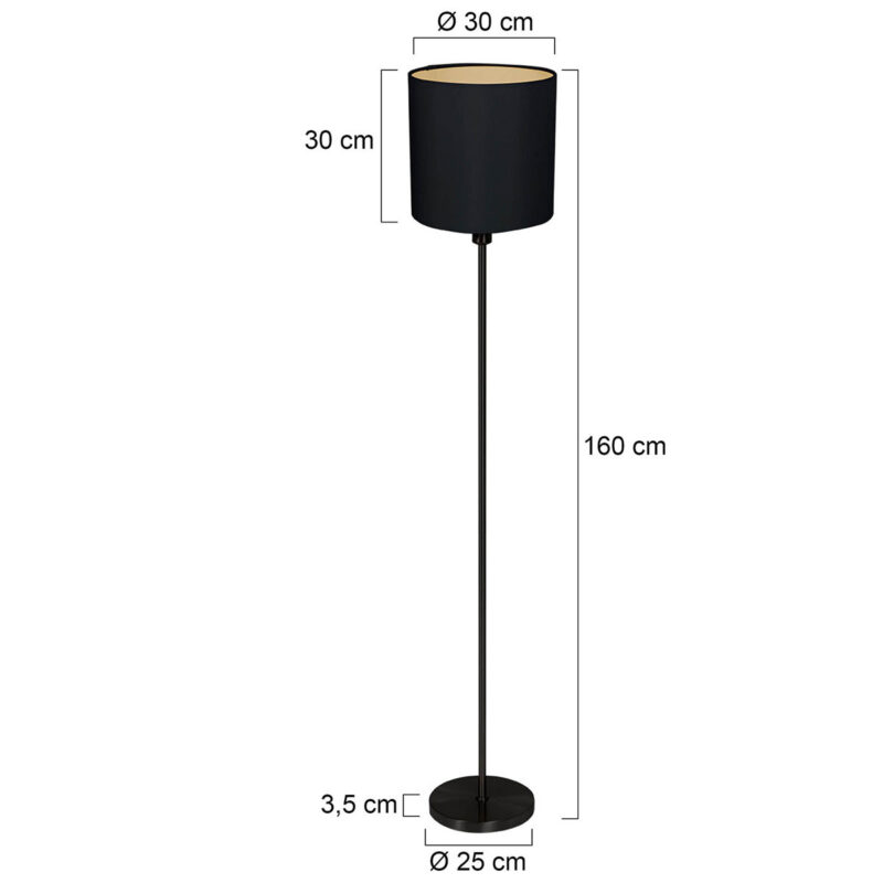 Vloerlamp Noor 1564ZW Zwart inclusief zwart met goud linnen kap - Afbeelding 7