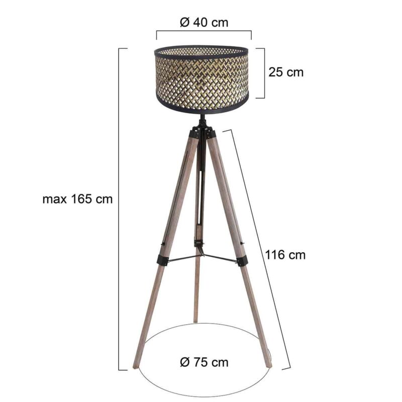 Vloerlamp Triek 4098ZW driepoot met een gevlochten bamboe kap - Afbeelding 6