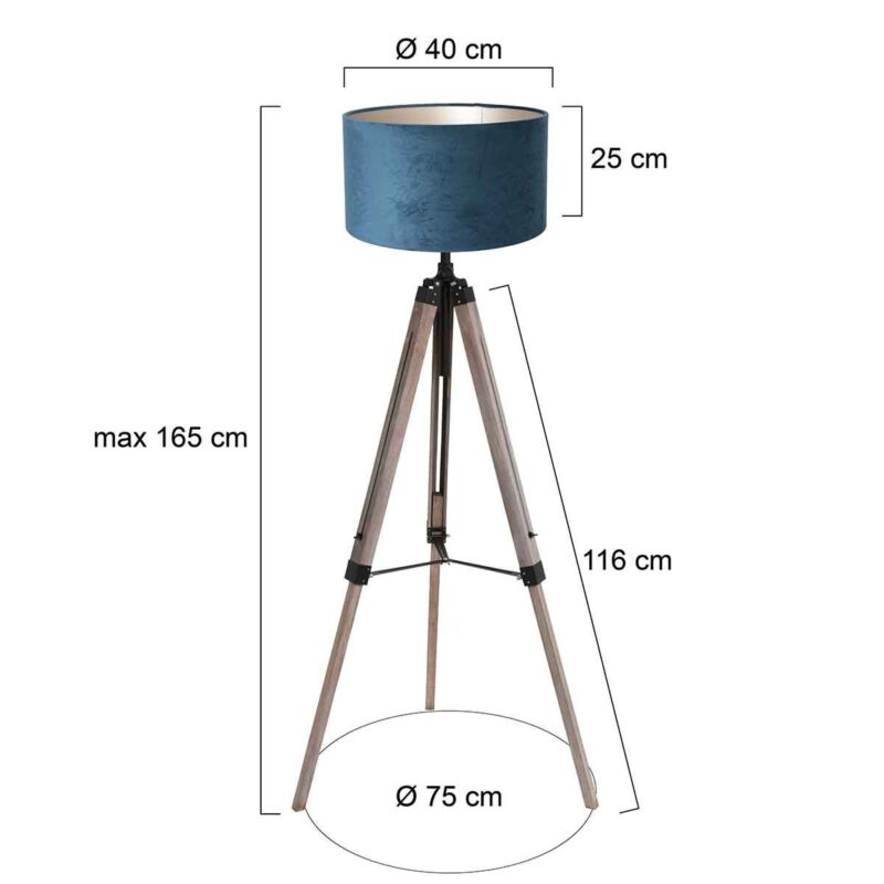 Vloerlamp Triek 4102ZW driepoot met blauwe velours kap - Afbeelding 6