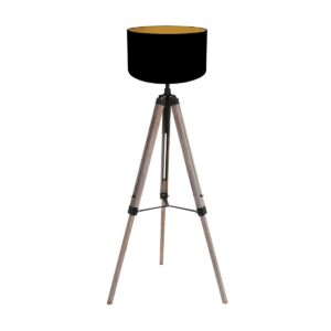 Vloerlamp Triek 4107ZW driepoot met een zwart goud linnen kap
